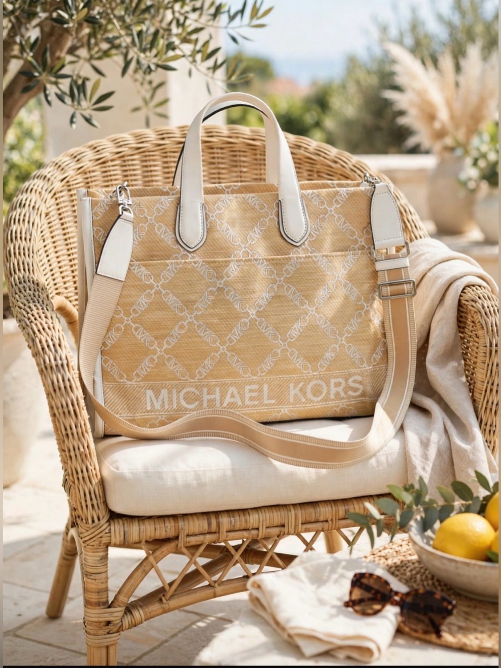 Michael Kors Poppy Monogram Raffia Large Tote Crossbody Bag Natural/White